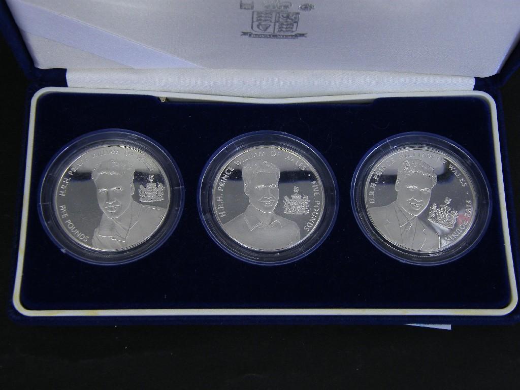 Appraisal: Cased set of three proof silver coins commemorating Prince William's