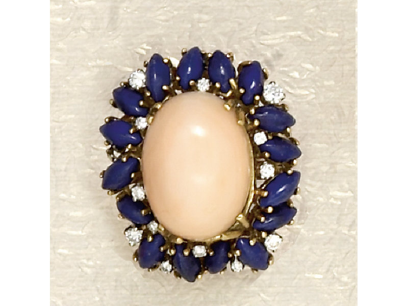 Appraisal: CORAL LAPIS AND DIAMOND RING k yellow gold cabochon cut