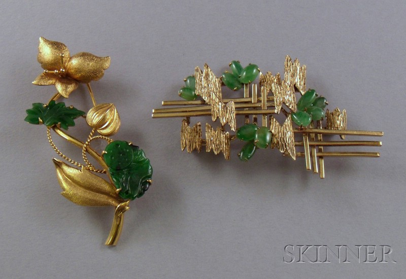 Appraisal: Two kt Gold and Jade Brooches