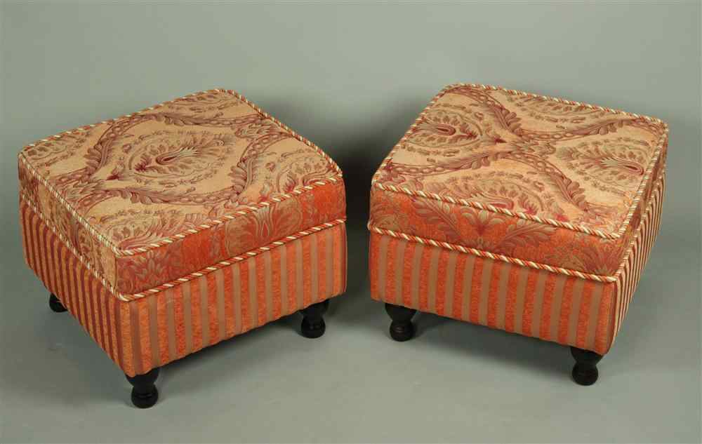 Appraisal: PAIR OF CONTEMPORARY UPHOLSTERED STOOLS each having a salmon colored