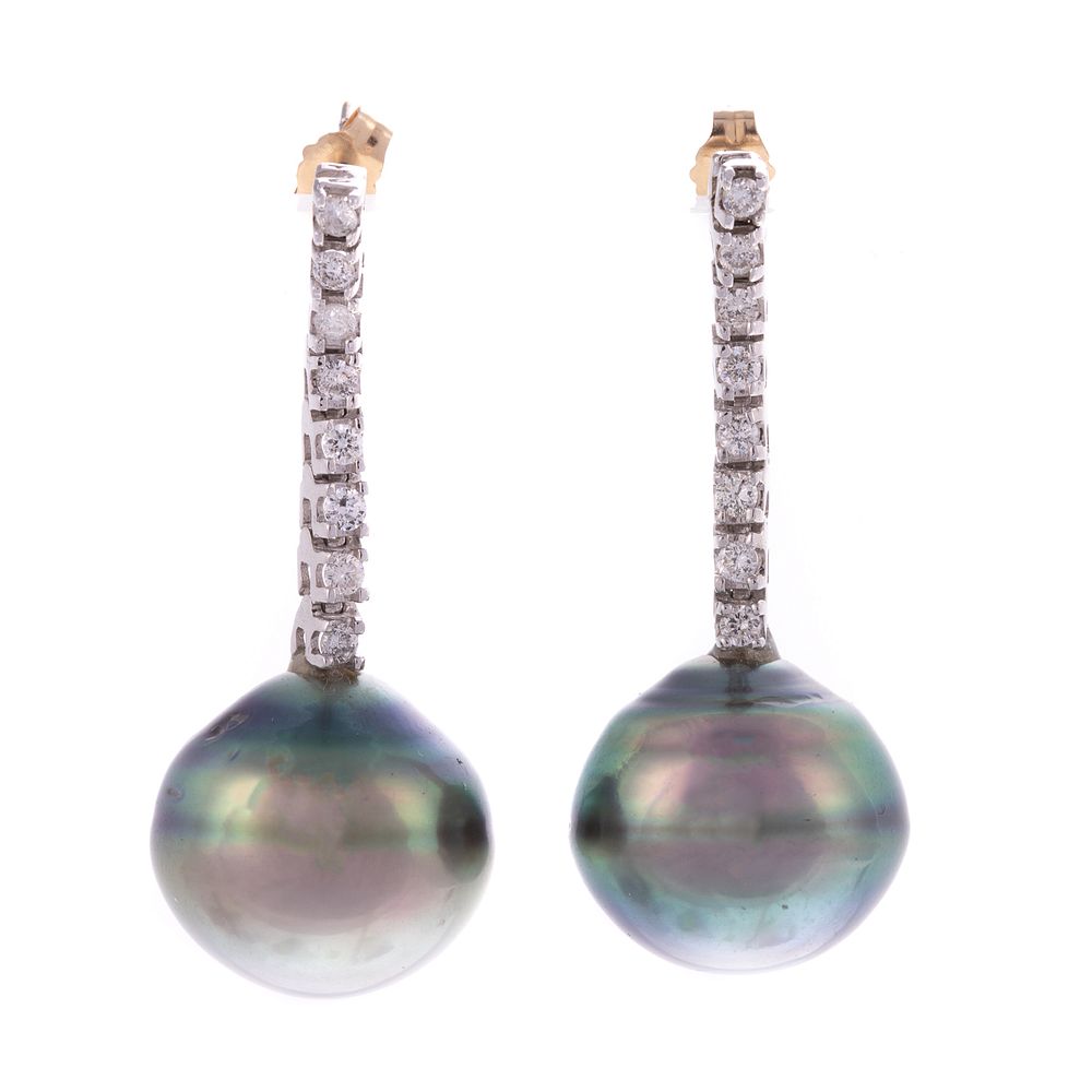 Appraisal: A Pair of Tahitian Pearl Diamond Earrings in K K