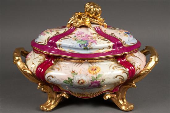 Appraisal: Limoges painted transfer decorated parcel-gilt porcelain soup tureen th century