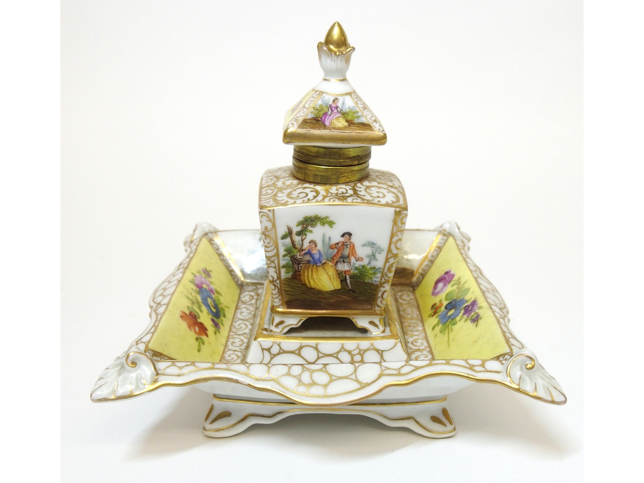 Appraisal: A Dresden painted porcelain inkwellhinged lid over tapering inkwell painted