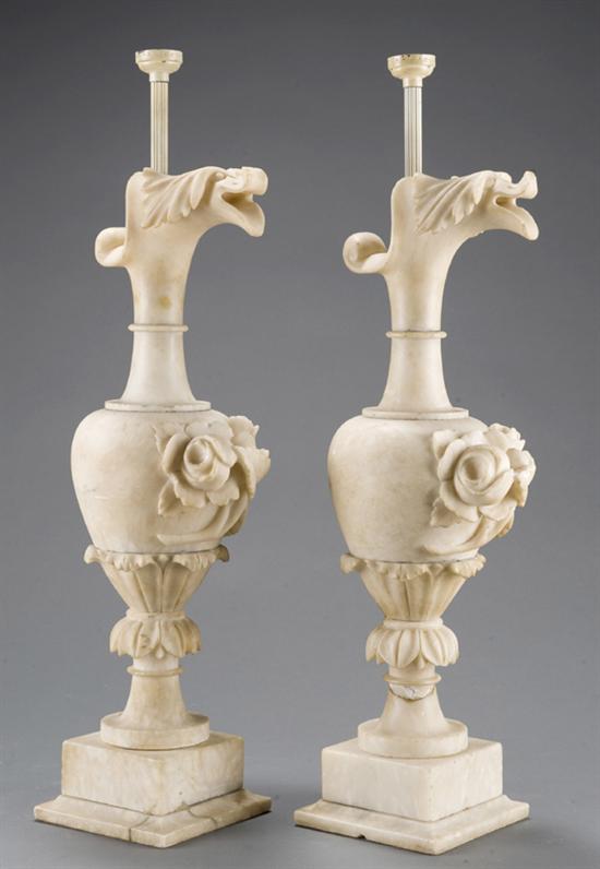 Appraisal: Pair of carved alabaster ewer form vases converted to lamps