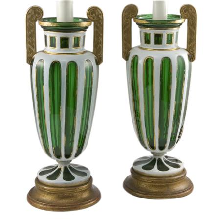 Appraisal: Pair of Bohemian Style Overlay Glass Two-Light Lamps Estimate -