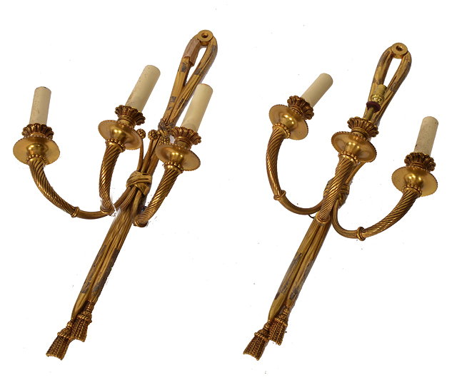 Appraisal: A PAIR OF ANTIQUE GILT METAL HANGING WALL LIGHTS with