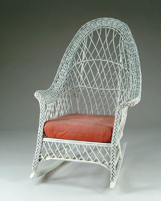 Appraisal: HIGH BACK WHITE WICKER ROCKER Reupholstered seat cushion SIZE h