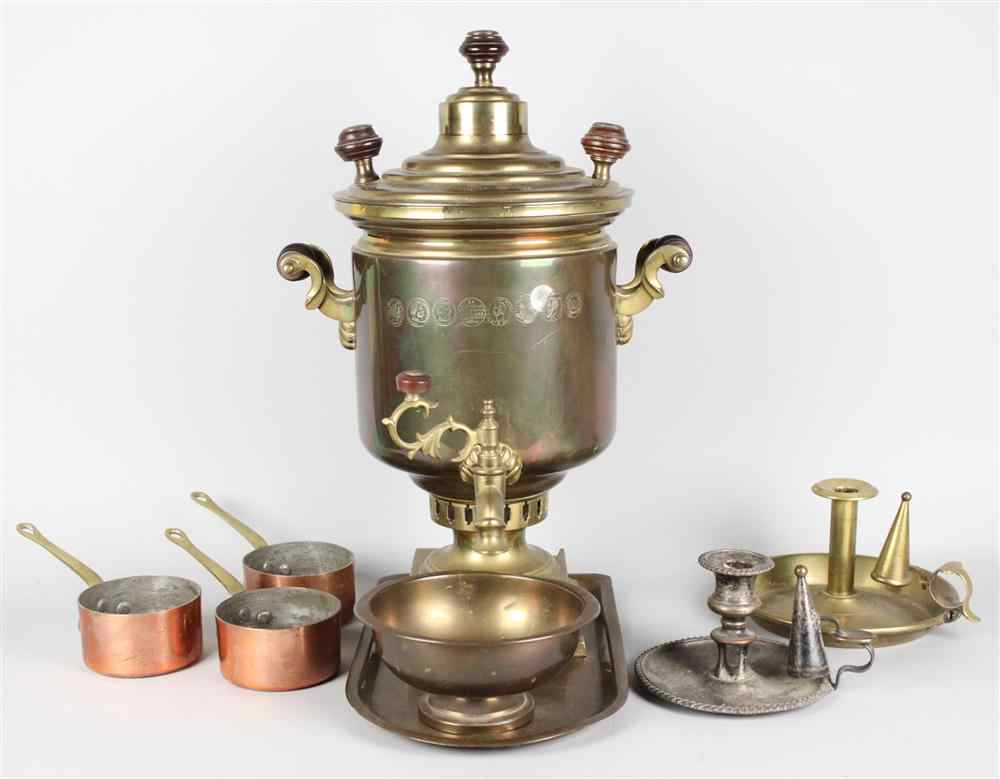 Appraisal: RUSSIAN BRASS SAMOVAR THREE SMALL COPPER POTS AND TWO CANDLE