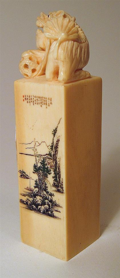 Appraisal: Chinese ivory and polychrome sealTall square form surmounted with Fu-lion