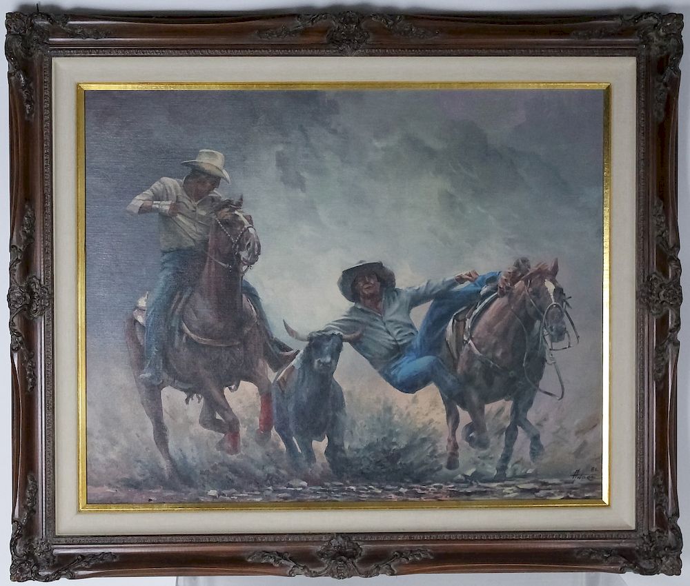 Appraisal: American Western Cowboy Horses Oil Painting SIGNED th Century American