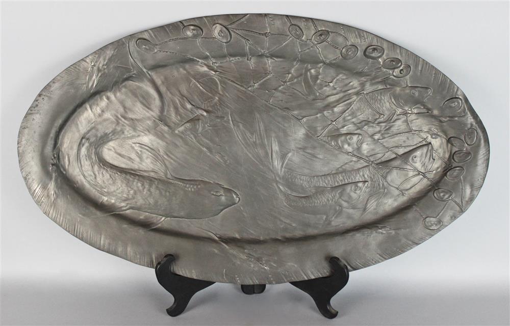 Appraisal: PEWTER REPOUSSE FISH PLATTER of elongated oval form with an