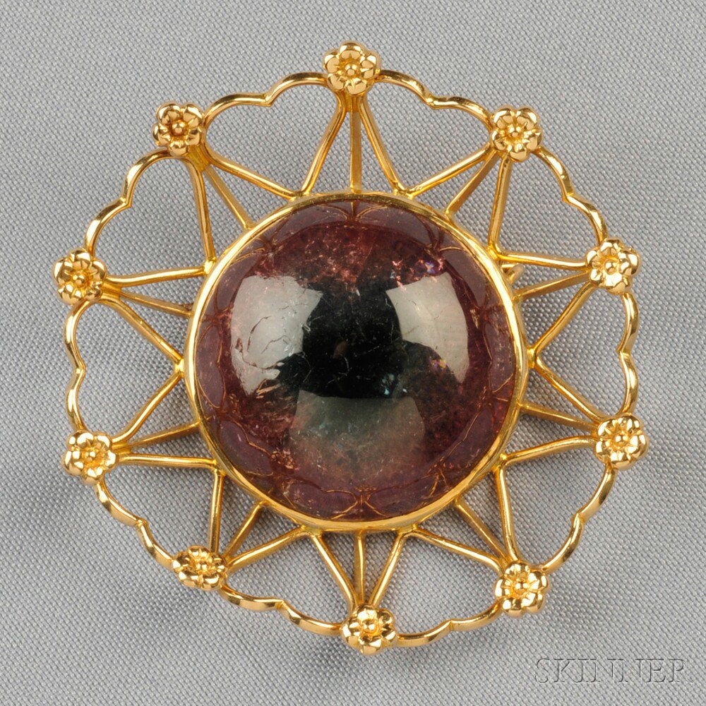 Appraisal: kt Gold and Bicolor Tourmaline Brooch set with a cabochon