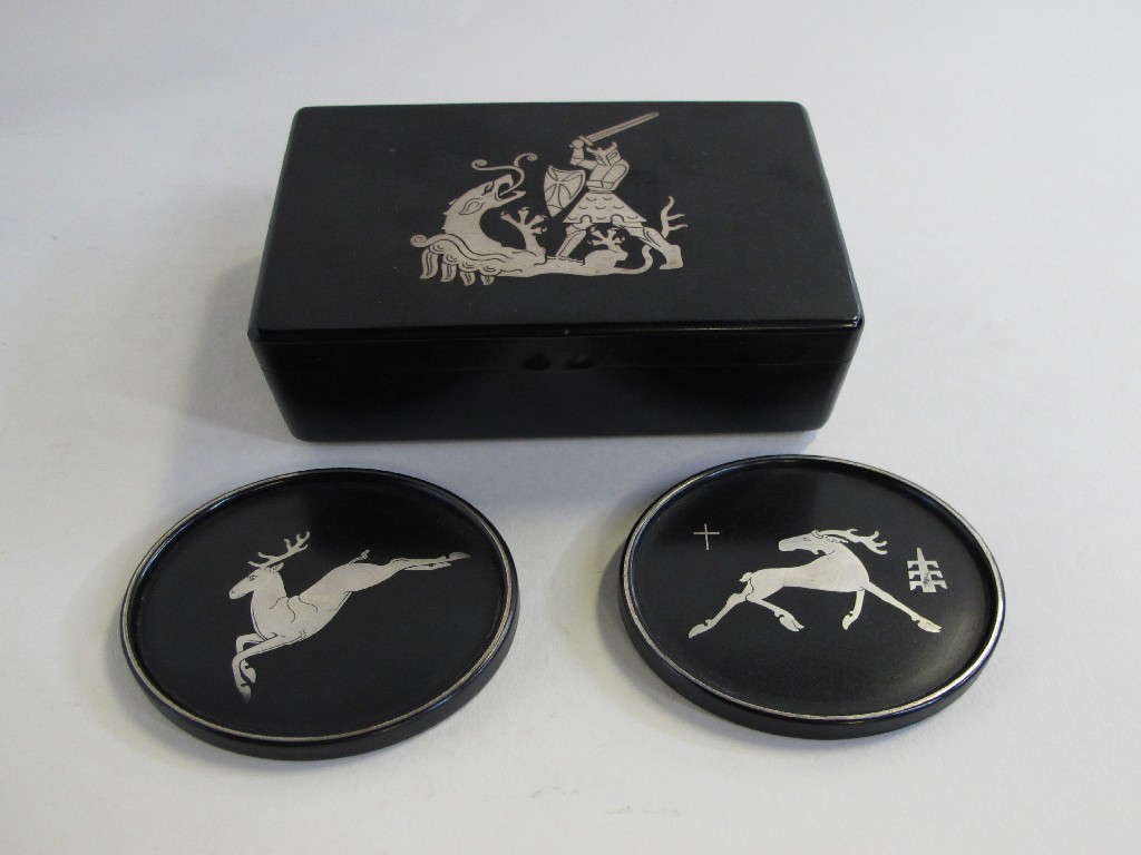 Appraisal: Swedish silver inlaid box with a pair of coasters