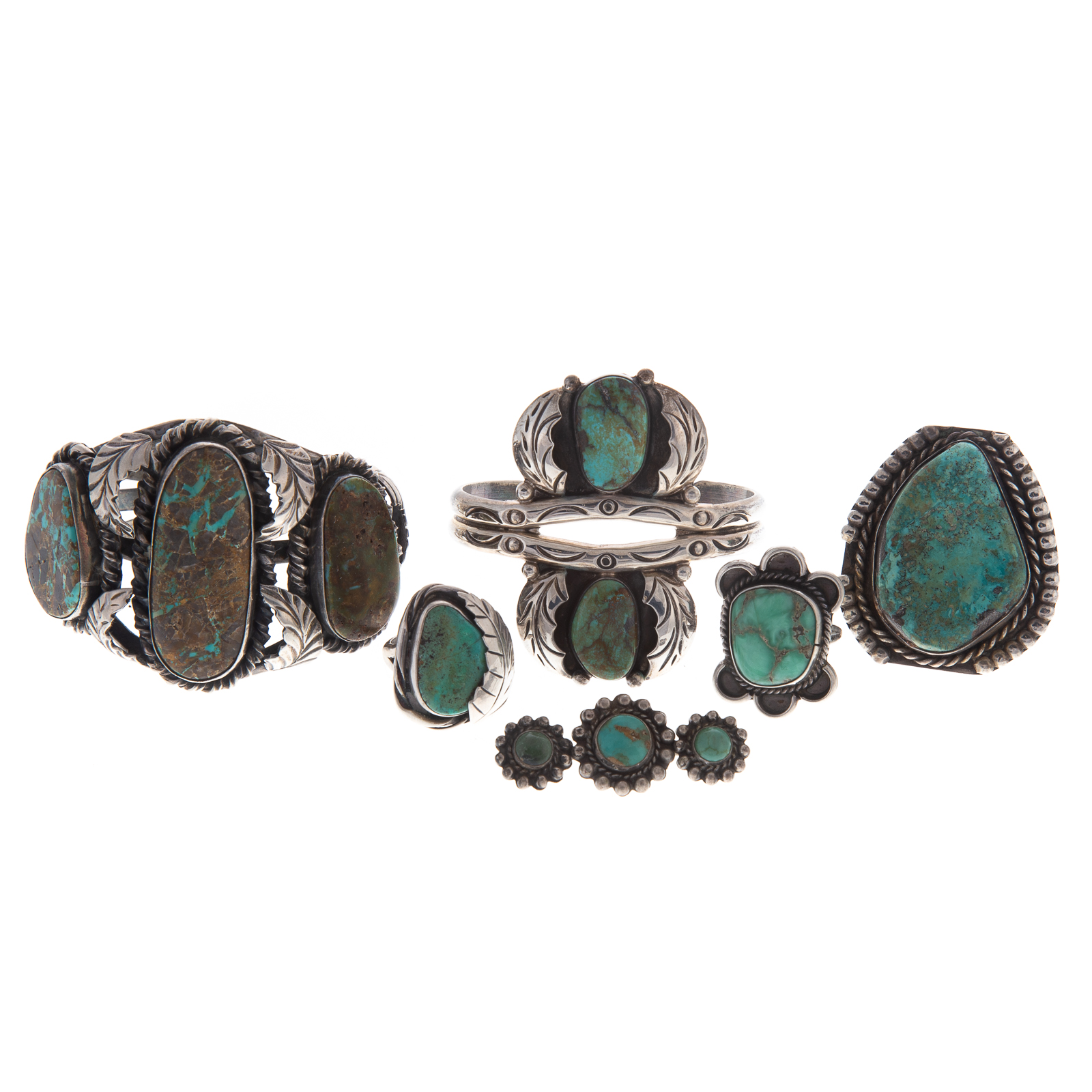 Appraisal: A COLLECTION OF SILVER NAVAJO TURQUOISE JEWELRY Including cuffs rings