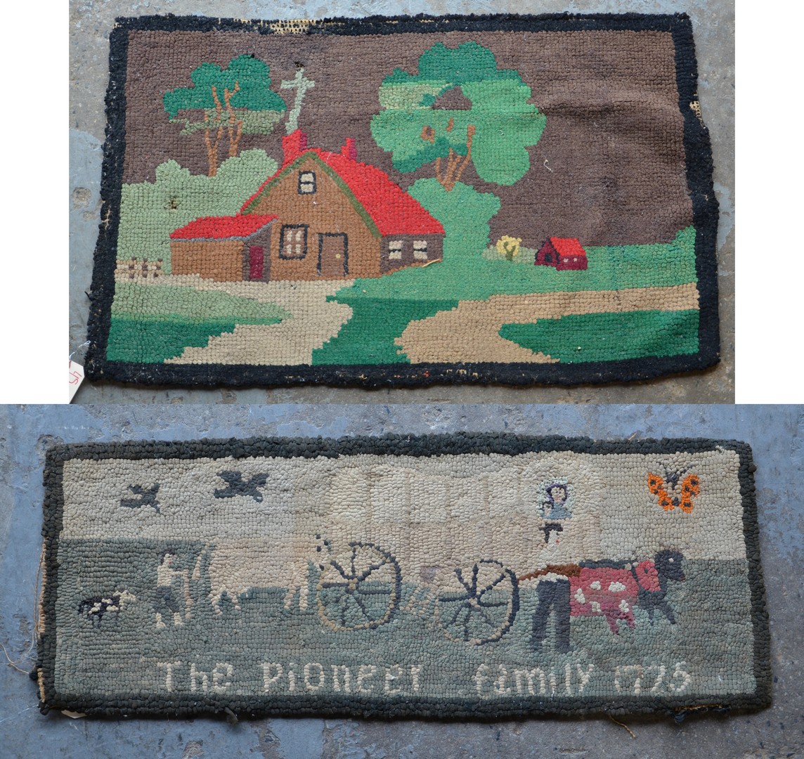 Appraisal: hooked rugs x farm house x Pioneer Family repairs damage