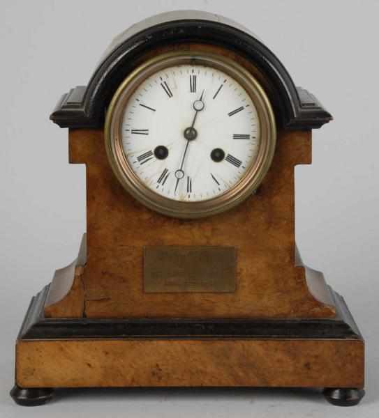 Appraisal: French Presentation Wood Mantle Clock Description Presentation reads John Benns