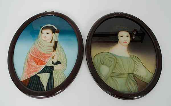 Appraisal: Chinese Reverse Painted Portraits China th century Two naive reverse-painted