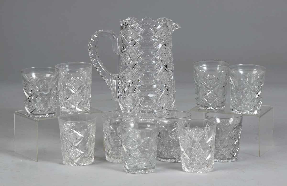 Appraisal: Sgn Hawkes Cut Glass Water Pitcher Tumblers Some minor chips