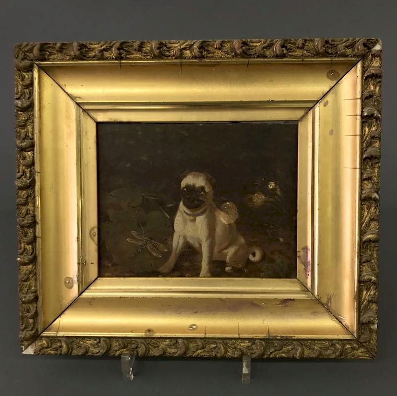 Appraisal: English Oil on Wood Panel of Pug Dog Dragonfly English