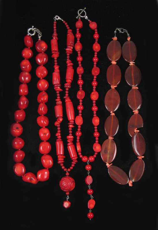 Appraisal: FOUR CORAL BEADED NECKLACES lengths from to inches