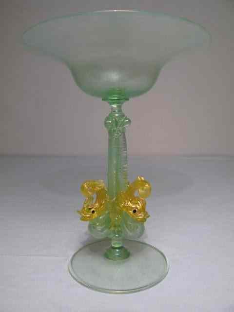 Appraisal: Green art glass figural compote Three yellow glass figural fish