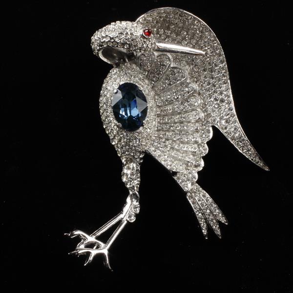 Appraisal: Unmarked Pave Crane Bird Brooch Pin with Sapphire Glass Jewel