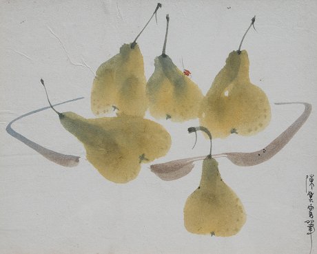 Appraisal: JAPANESE WATERCOLOR PAINTING PEARS WITH LADYBUG '' x '' sight