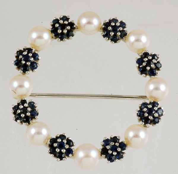 Appraisal: Cultured pearl and sapphire cluster circle pin K white gold