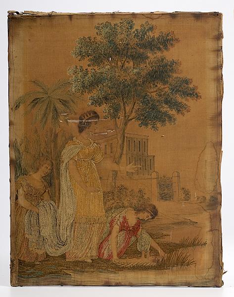 Appraisal: MOSES IN THE RUSHES ALLEGORICAL NEEDLEWORK American or English early