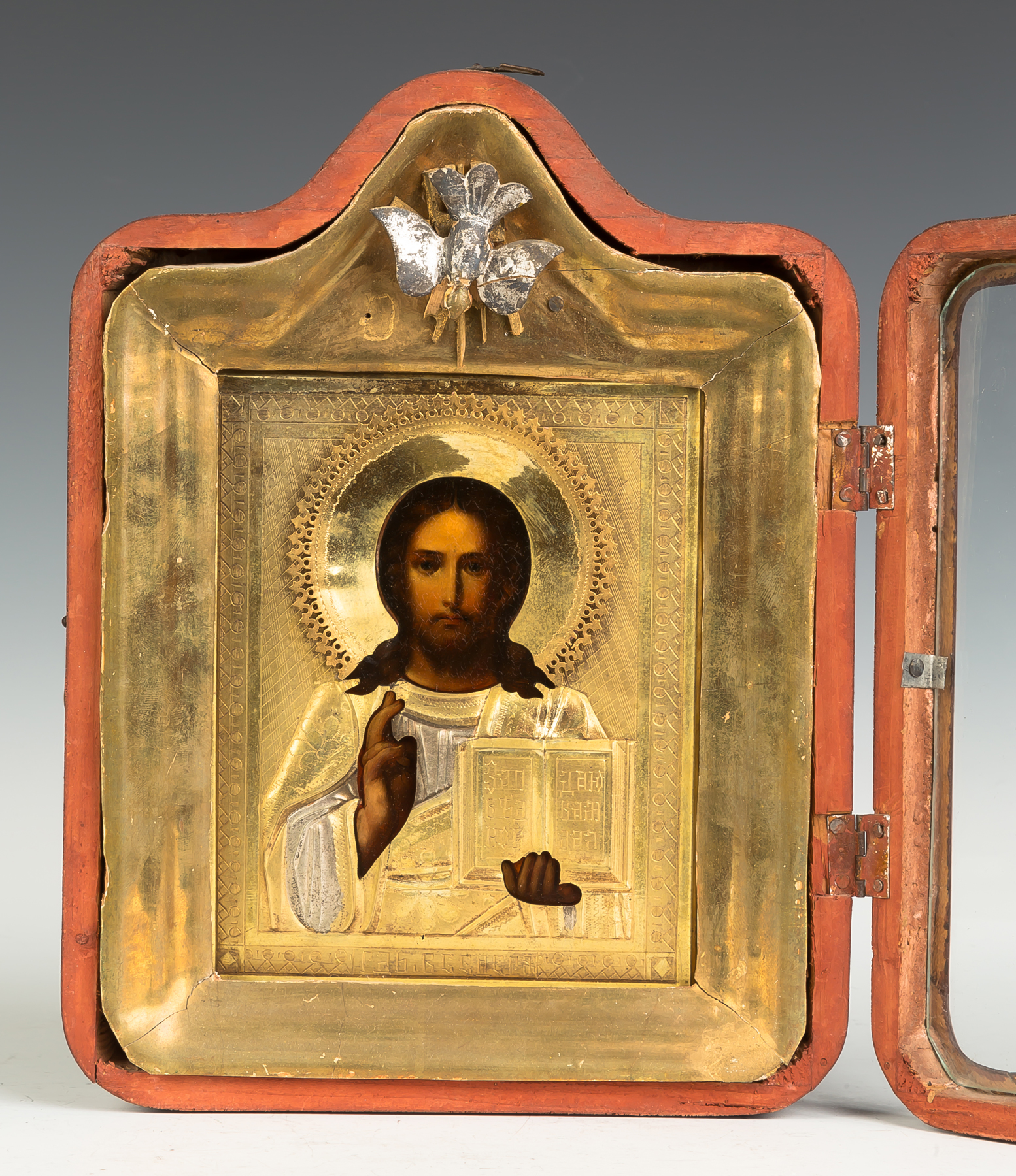 Appraisal: Gilt Metal Hand Painted Russian Icon in Case Late th