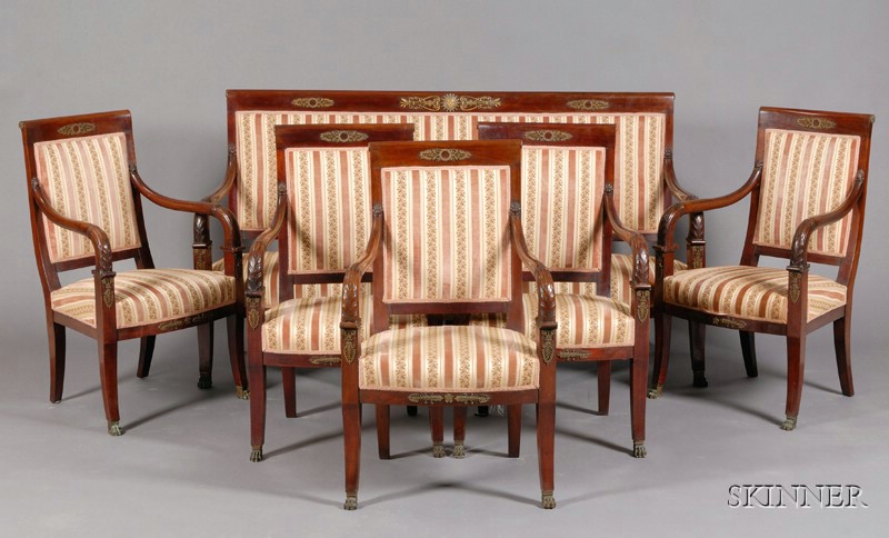 Appraisal: French Empire Revival Bronze-mounted Mahogany Six-Piece Seating Suite th century