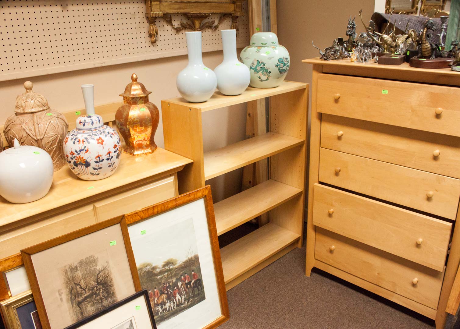 Appraisal: Contemporary pine bedroom suite including bookcase tall chest short chest