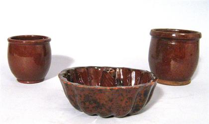 Appraisal: Three redware items pennsylvania th century Including two glazed bulbous