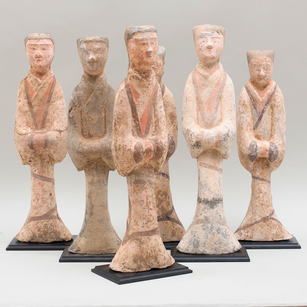 Appraisal: Group of Six Chinese Painted Pottery Figures of Attendants Group