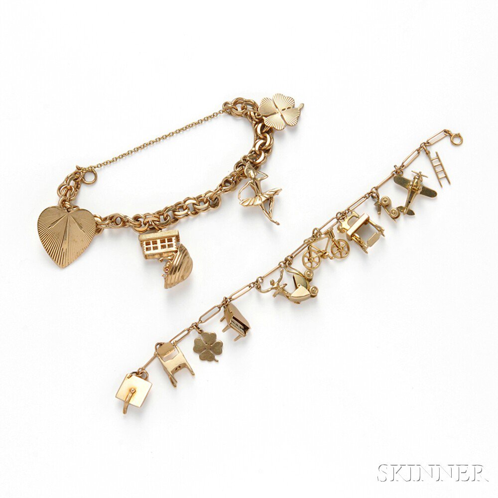 Appraisal: Two kt Gold Charm Bracelets set with various charms including