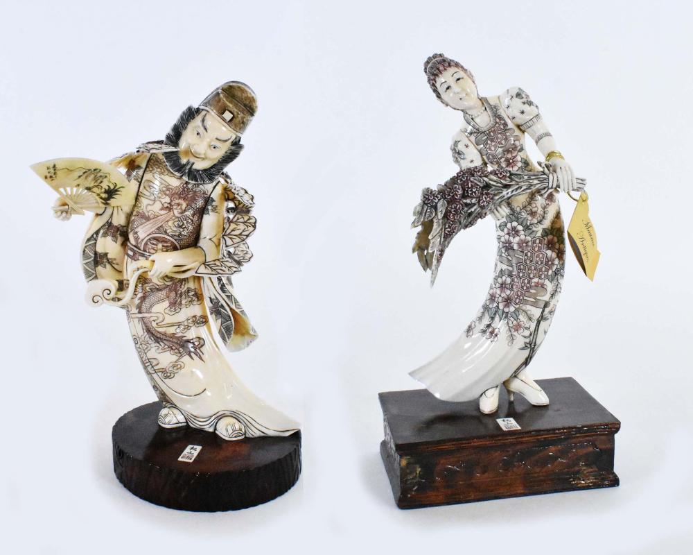 Appraisal: CHINESE CARVED RESIN MAIDEN AND ACTORCarved as an elegantly dressed