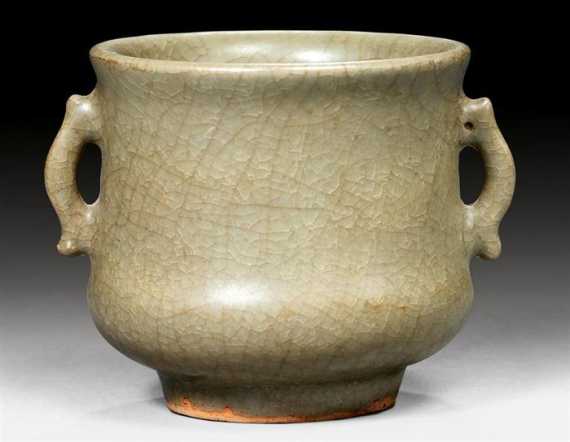 Appraisal: A SMALL CELADON GLAZED CENSER WITH TWO HANDLES China Song