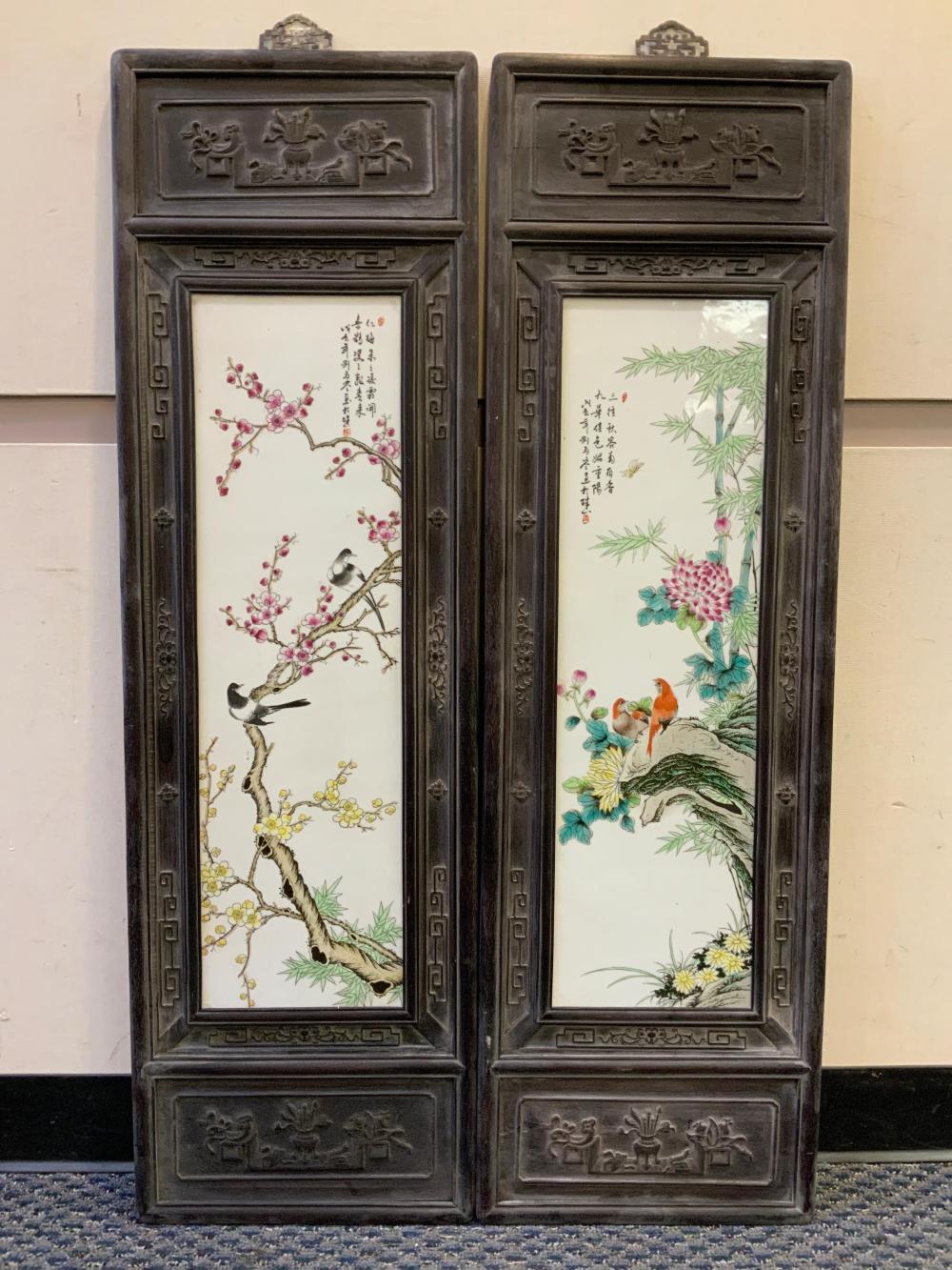 Appraisal: Two Chinese Famille Rose Plaques within Hardwood Frames Frames x