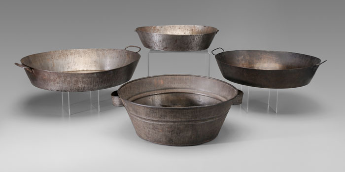 Appraisal: Three Iron Pans Tinned Tub American th and th centuries