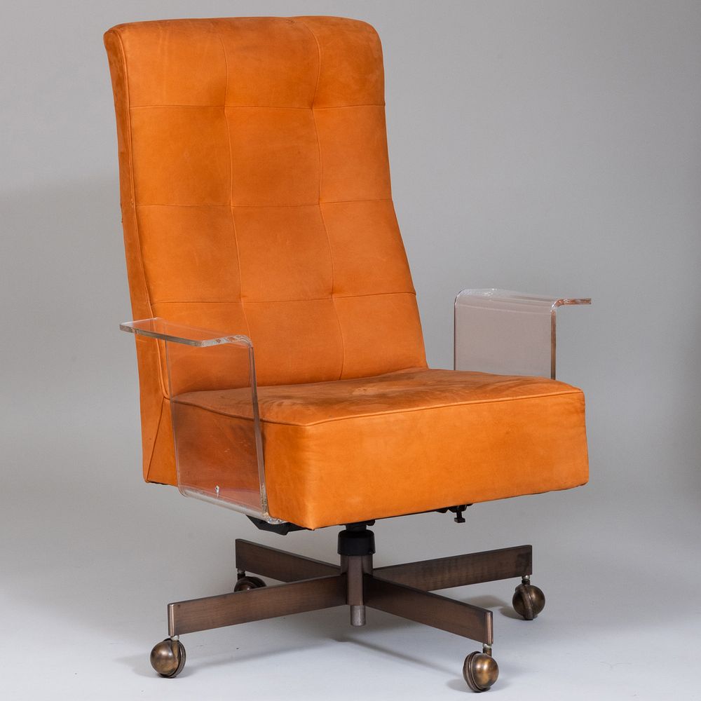 Appraisal: Vladimir Kagan Lucite Orange Suede Upholstered Desk Chair ft in