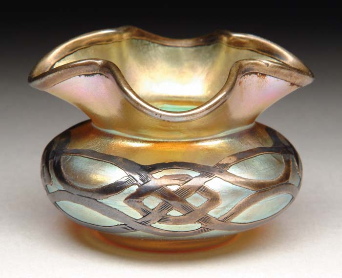 Appraisal: STEUBEN SILVER OVERLAY MINI VASE Wonderful little vase has ruffled