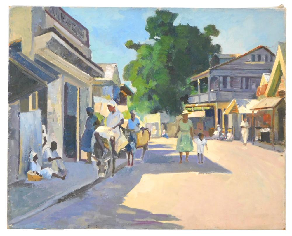 Appraisal: th C oil on canvas street scene of a Caribbean