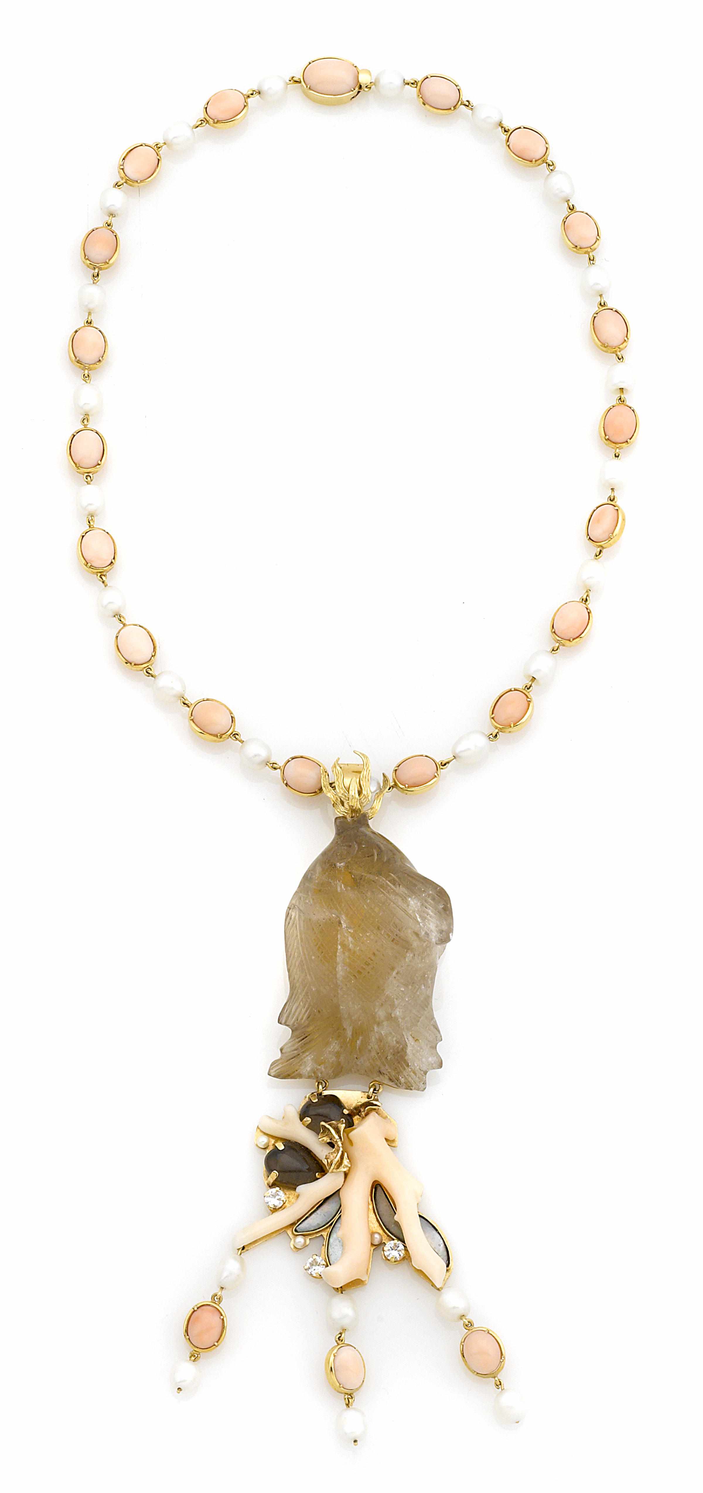 Appraisal: A Tony Duquette coral baroque freshwater cultured pearl carved rock