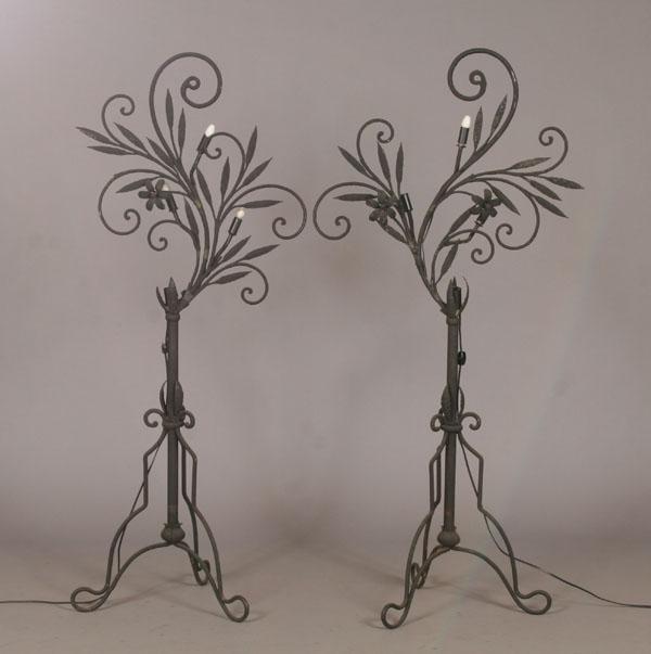 Appraisal: Pair Art Deco wrought iron scrolling floral lighted decorative flanking