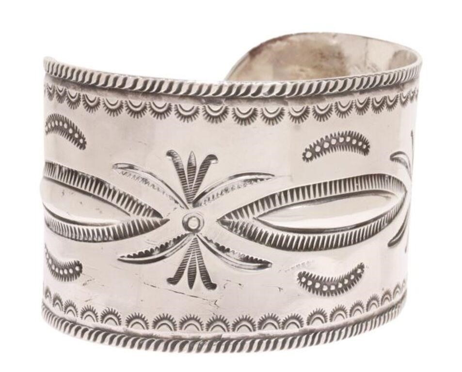 Appraisal: Native American silver content unknown bracelet wide cuff with stampwork