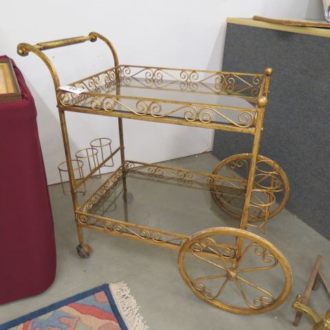 Appraisal: Wrought Iron Beverage Cart gold gilt glass shelves