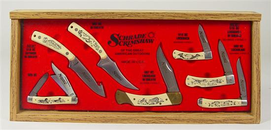 Appraisal: Schrade Scrimshaw Dealer Display Set of seven Shrade knives Two