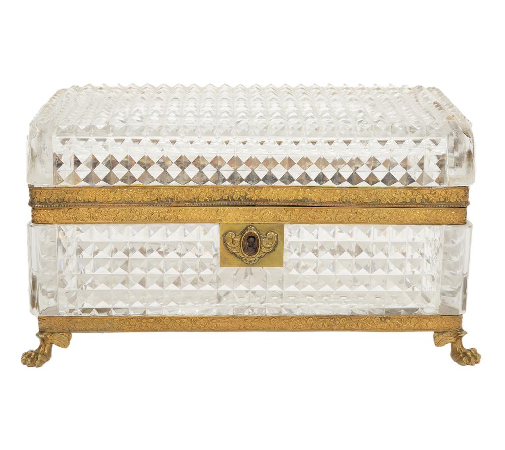 Appraisal: French cut crystal box with bronze trim and mounts decorated