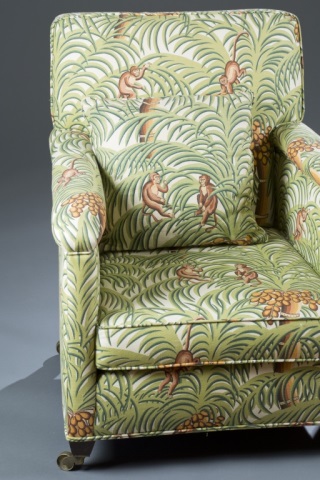 Appraisal: Pair of Club Chairs with Jungle Motif Upholstery Upholstery by