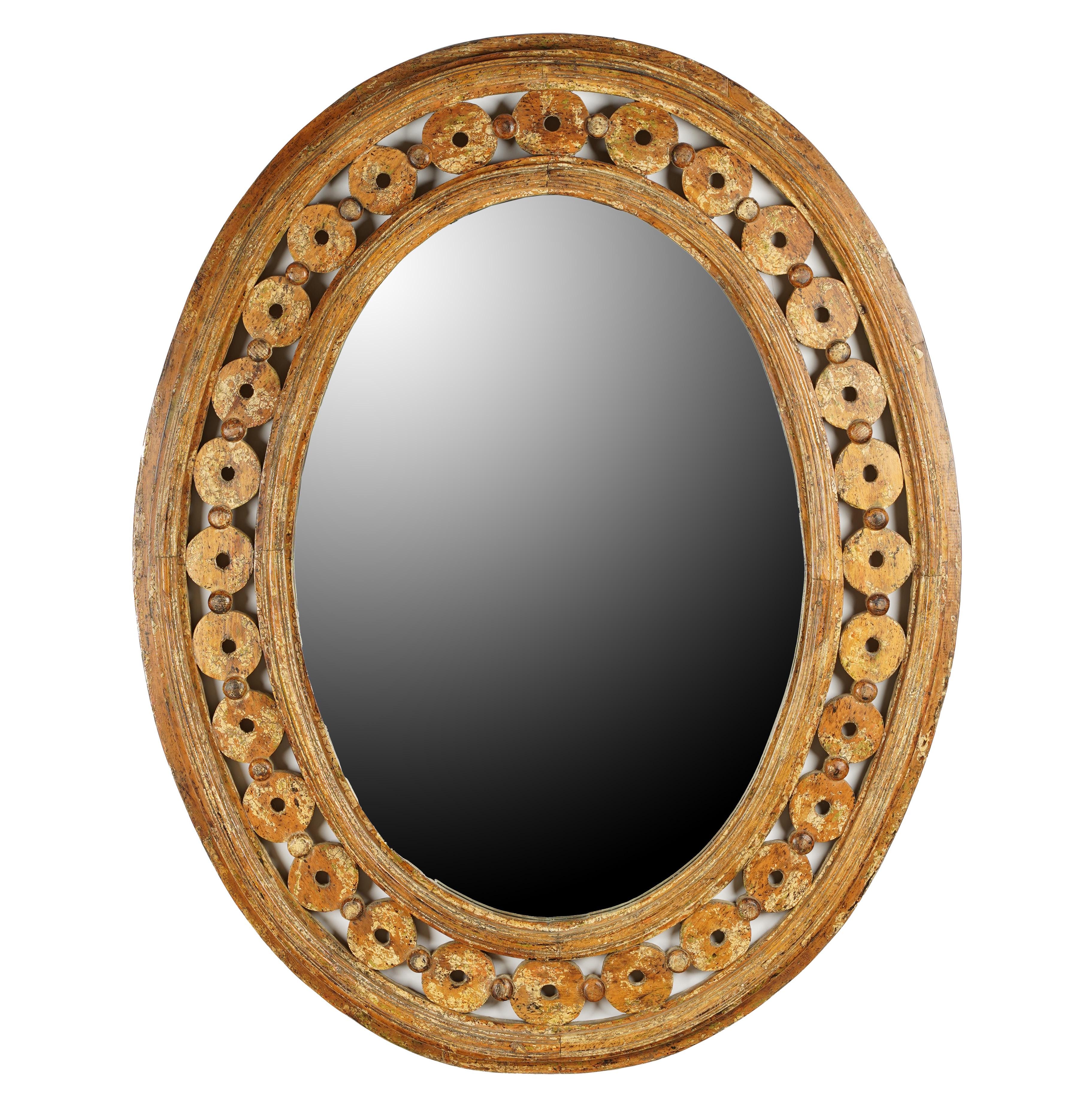 Appraisal: PAINTED CARVED WOOD OVAL WALL MIRROR contemporary with distressed finish